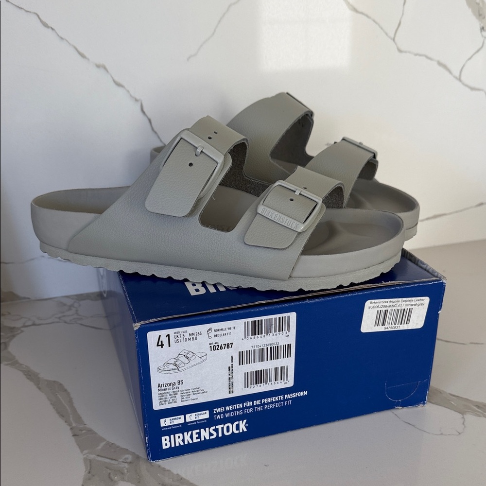 NEW Birkenstock Arizona Exquisite Leather Sandal in Mineral Gray Size 41
